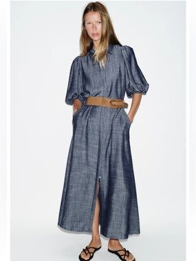 Zara Belted Midi Dress . denim-look fabric with voluminous puff sleeves